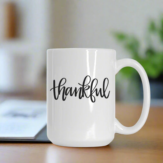 Deluxe Two-Sided Thankful White Ceramic Mug 15oz.